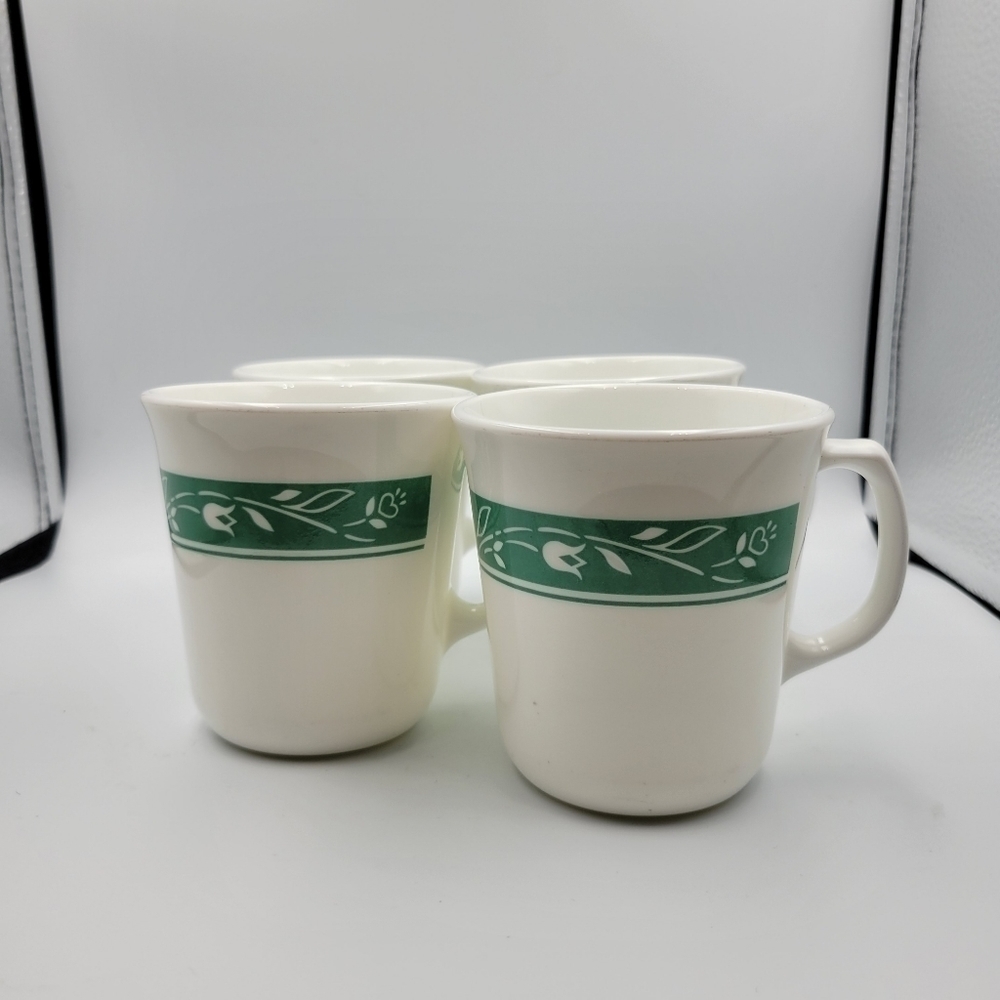 Lot/4 Corelle by Corning Mugs Cups LIZA Pattern White Floral on Green Band